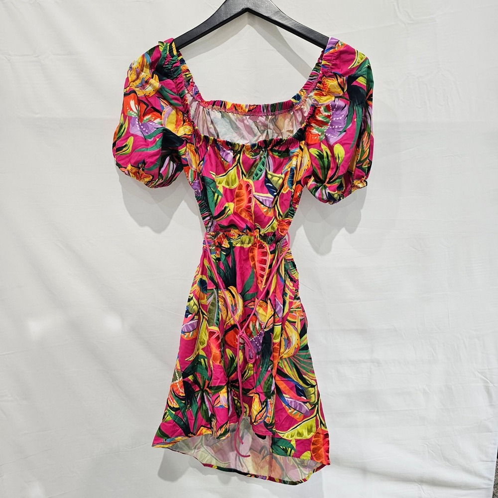 New Womens Large Tropical Floral Back Cutout Mini Dress Pink Multicolor NWOT